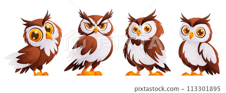Set of Cute cartoon owl. The owl is brown in color with white feathers. Wild forest birds. Flying creatures. 113301895