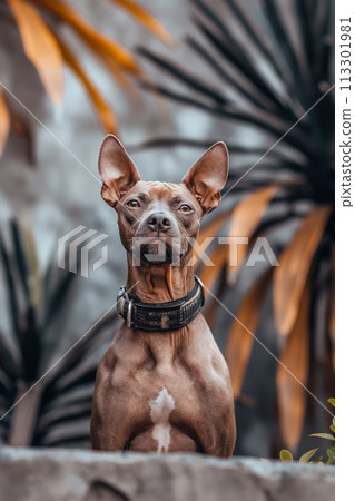 A brown dog with a black collar is standing in front of a tree 113301981