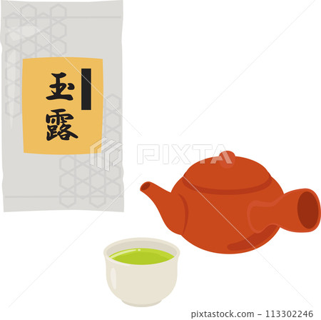袋裝、茶杯和茶壺中的玉露茶葉 袋裝、茶杯和茶壺中的玉露茶葉 113302246
