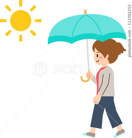 Smiling woman walking with a parasol on a sunny day Smiling woman walking with a parasol on a sunny day 113302252
