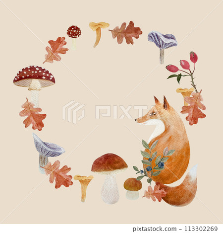 Fox in a oak leaf frame watercolor flat illustration isolated on white Fox in a oak leaf frame watercolor flat illustration isolated on white 113302269