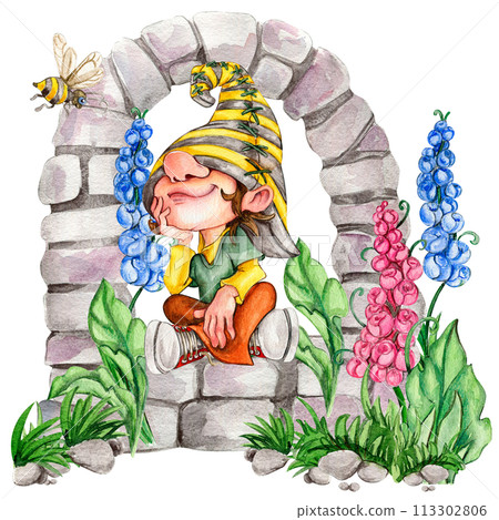 Composition of watercolor hand drawn cute Nordic Scandinavian gnomes and flowers and leaves watercolor illustration. Design for baby shower party, birthday, cake, holiday celebration, greetings cards. 113302806