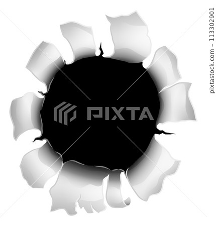 Bullet Hole Metal Paper Rip Gun Shot Through Wall Bullet Hole Metal Paper Rip Gun Shot Through Wall 113302901