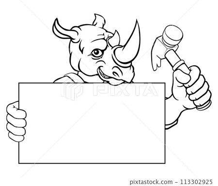 Rhino Hammer Cartoon Mascot Handyman Carpenter 113302925