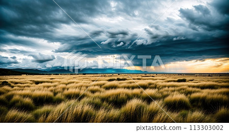 A vast, open field with tall, golden grass swaying in the wind. 113303002