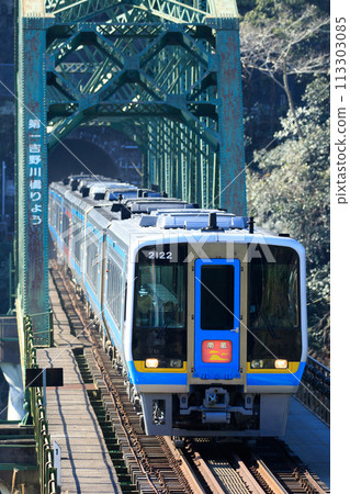Limited Express "Nanpu" (JR Shikoku) crossing the First Yoshinogawa Bridge 113303085