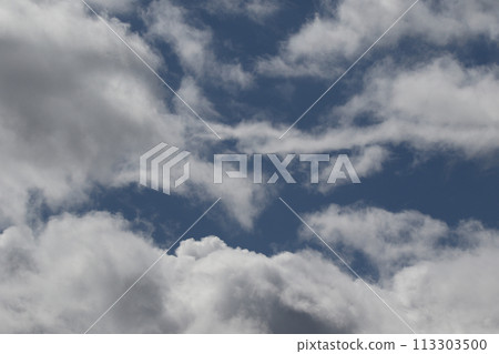 Cloudscape scenery, overcast weather above dark blue sky. Storm clouds floating in a rainy dull day with natural light. White and grey scenic environment background. Nature view. 113303500