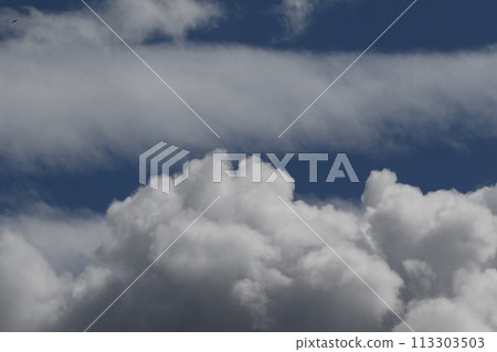 Cloudscape scenery, overcast weather above dark blue sky. Storm clouds floating in a rainy dull day with natural light. White and grey scenic environment background. Nature view. Cloudscape scenery, overcast weather above dark blue sky. Storm clouds floating in a rainy dull day with natural light. White and grey scenic environment background. Nature view. 113303503