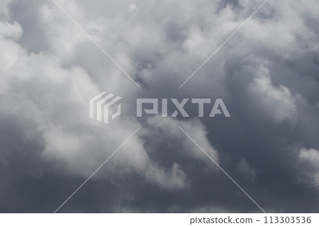 Cloudscape scenery, overcast weather above dark blue sky. Storm clouds floating in a rainy dull day with natural light. White and grey scenic environment background. Nature view. 113303536