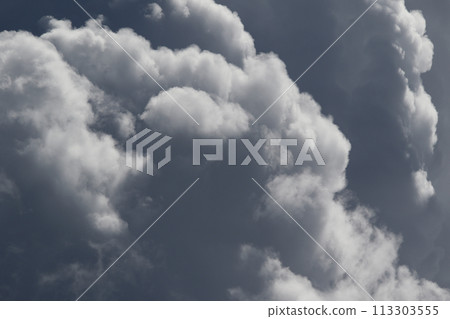 Cloudscape scenery, overcast weather above dark blue sky. Storm clouds floating in a rainy dull day with natural light. White and grey scenic environment background. Nature view. 113303555