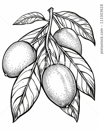 Black and white hand-drawn illustration of a branch of a lemon tree with leaves and lemons. 113303628