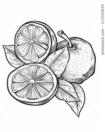 Detailed black and white line drawing of a lemon and a half on a white background 113303634