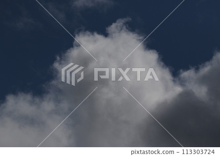 Cloudscape scenery, overcast weather above dark blue sky. Storm clouds floating in a rainy dull day with natural light. White and grey scenic environment background. Nature view. 113303724
