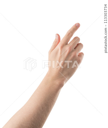 Adult man hand point or click gesture isolated on white background 113303734