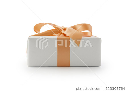 White gift box with orange ribbon bow isolated on white background White gift box with orange ribbon bow isolated on white background 113303764