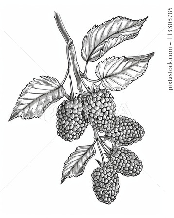 Black and white line drawing of a cluster of blackberries with leaves 113303785