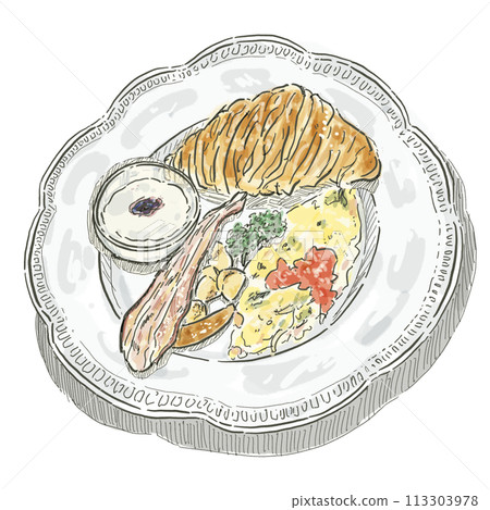 [Food illustration] Morning plate (croissant_omelette) 113303978