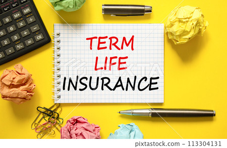 Term life insurance symbol. Concept words Term life insurance on beautiful white note. Beautiful yellow background. Pen. Colored paper. Calculator. Medical term life insurance concept. Copy space. 113304131