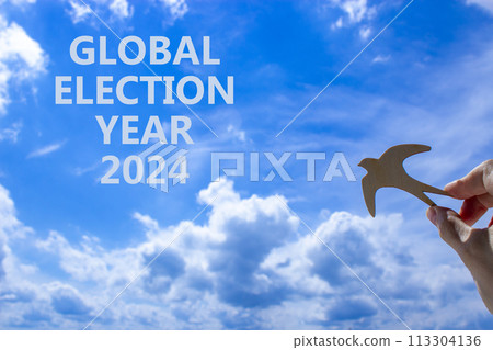 Global election year 2024 symbol. Concept words Global election year 2024. Beautiful blue sky cloud background. Voter hand with wooden bird. Business Global election year 2024 concept. Copy space 113304136