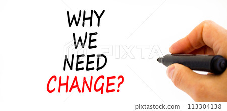 Why we need change symbol. Concept words Why we need change on beautiful white paper. Beautiful white background. Voter hand. Business why we need change concept. Copy space. 113304138