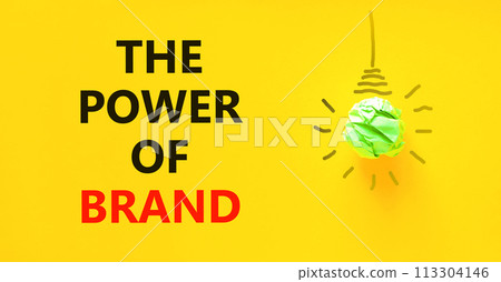 The power of brand symbol. Concept words The power of brand on beautiful yellow paper. Beautiful yellow background. Green light bulb icon. Business the power of brand concept. Copy space. 113304146