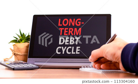 Long-term debt cycle symbol. Concept words Long-term debt cycle on beautiful black tablet. Beautiful white background. Businessman hand. Calculator. Business Long-term debt cycle concept. Copy space. 113304160