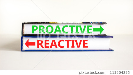 Proactive and reactive symbol. Concept word Proactive Reactive on beautiful books. Beautiful white table white background. Business proactive and reactive concept. Copy space. Proactive and reactive symbol. Concept word Proactive Reactive on beautiful books. Beautiful white table white background. Business proactive and reactive concept. Copy space. 113304255