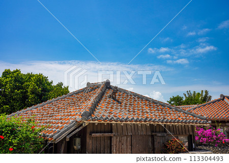 沖繩縣、竹富島、琉球紅瓦屋頂和Shisa 113304493