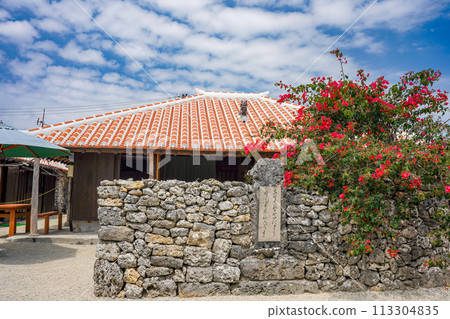 Okinawa Prefecture, Taketomi Island, Ryukyu red tile roof, Shisa and bougainvillea flowers 113304835