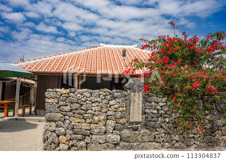Okinawa Prefecture, Taketomi Island, Ryukyu red tile roof, Shisa and bougainvillea flowers Okinawa Prefecture, Taketomi Island, Ryukyu red tile roof, Shisa and bougainvillea flowers 113304837