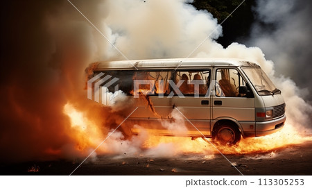 Tourist minibus engulfed by smoke and flames.AI Generated 113305253