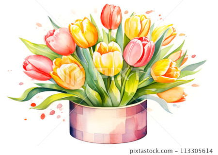 A vibrant bouquet of tulips in a gift box adorned with a ribbon. Perfect for Woman's Day, Mother’s Day, birthday card. Concept of spring, fresh blooms that symbolize renewal and beauty. A vibrant bouquet of tulips in a gift box adorned with a ribbon. Perfect for Woman's Day, Mother’s Day, birthday card. Concept of spring, fresh blooms that symbolize renewal and beauty. 113305614