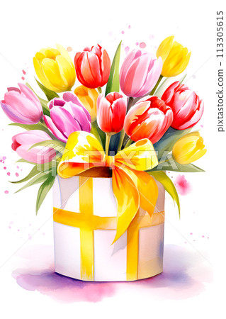 A vibrant bouquet of tulips in a gift box adorned with a ribbon. Perfect for Woman's Day, Mother’s Day, birthday card. Concept of spring, fresh blooms that symbolize renewal and beauty. A vibrant bouquet of tulips in a gift box adorned with a ribbon. Perfect for Woman's Day, Mother’s Day, birthday card. Concept of spring, fresh blooms that symbolize renewal and beauty. 113305615