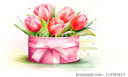 A vibrant bouquet of tulips in a gift box adorned with a ribbon. Perfect for Woman's Day, Mother’s Day, birthday card. Concept of spring, fresh blooms that symbolize renewal and beauty. A vibrant bouquet of tulips in a gift box adorned with a ribbon. Perfect for Woman's Day, Mother’s Day, birthday card. Concept of spring, fresh blooms that symbolize renewal and beauty. 113305617