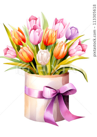A vibrant bouquet of tulips in a gift box adorned with a ribbon. Concept of spring, fresh blooms that symbolize renewal and beauty. Perfect for Woman's Day, Mother’s Day, birthday card. 113305618