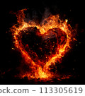 Fire heart isolated on black background. Flame symbol of love, intense emotions, passion. Gift for Valentine's Day 113305619