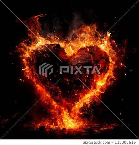 Fire heart isolated on black background. Flame symbol of love, intense emotions, passion. Gift for Valentine's Day Fire heart isolated on black background. Flame symbol of love, intense emotions, passion. Gift for Valentine's Day 113305619