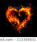 Fire heart isolated on black background. Flame symbol of love. Intense emotions, passionate love. Gift for Valentine's Day 113305631