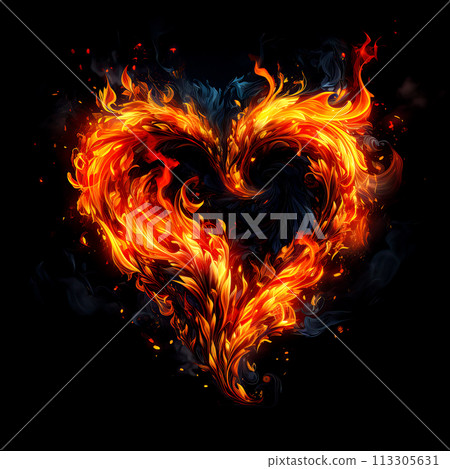 Fire heart isolated on black background. Flame symbol of love. Intense emotions, passionate love. Gift for Valentine's Day Fire heart isolated on black background. Flame symbol of love. Intense emotions, passionate love. Gift for Valentine's Day 113305631