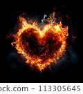 Fire heart isolated on black background. Flame symbol of love. Intense emotions, passionate love. Gift for Valentine's Day 113305645