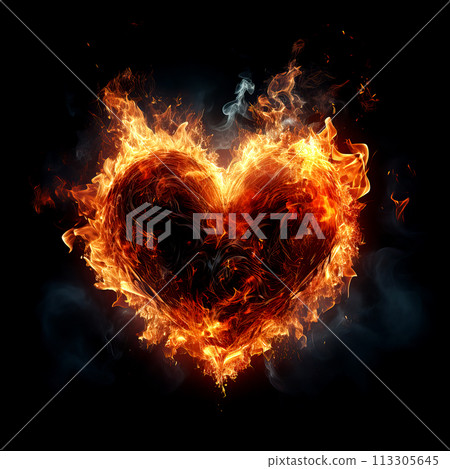 Fire heart isolated on black background. Flame symbol of love. Intense emotions, passionate love. Gift for Valentine's Day Fire heart isolated on black background. Flame symbol of love. Intense emotions, passionate love. Gift for Valentine's Day 113305645