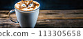 Cup of coffee with latte art, milk foam owl illustration. Banner with cup of cappuccino on wooden table for coffee lovers. Cozy atmosphere. 113305658
