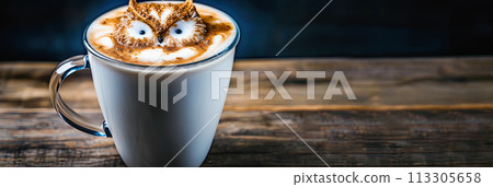 Cup of coffee with latte art, milk foam owl illustration. Banner with cup of cappuccino on wooden table for coffee lovers. Cozy atmosphere. Cup of coffee with latte art, milk foam owl illustration. Banner with cup of cappuccino on wooden table for coffee lovers. Cozy atmosphere. 113305658