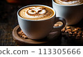 Cup of coffee with latte art, milk foam owl illustration. Cozy atmosphere. Cup of cappuccino on wooden table for coffee lovers. 113305666
