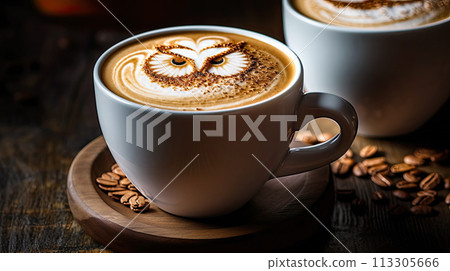 Cup of coffee with latte art, milk foam owl illustration. Cozy atmosphere. Cup of cappuccino on wooden table for coffee lovers. Cup of coffee with latte art, milk foam owl illustration. Cozy atmosphere. Cup of cappuccino on wooden table for coffee lovers. 113305666