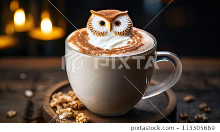 Cup of coffee with latte art, milk foam owl illustration. Cozy atmosphere. Cup of cappuccino on wooden table for coffee lovers. Cup of coffee with latte art, milk foam owl illustration. Cozy atmosphere. Cup of cappuccino on wooden table for coffee lovers. 113305669