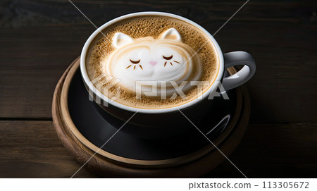 Cup of coffee with latte art, milk foam cat illustration. Cozy atmosphere. Cup of cappuccino on wooden table for coffee lovers. Cup of coffee with latte art, milk foam cat illustration. Cozy atmosphere. Cup of cappuccino on wooden table for coffee lovers. 113305672