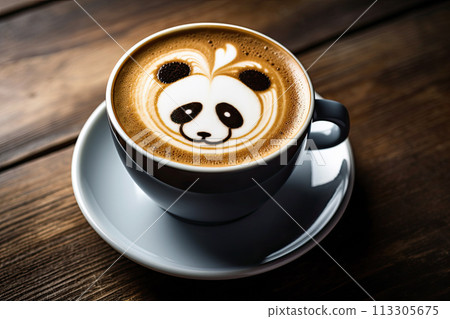 Cup of coffee with latte art, milk foam panda bear illustration. Cup of handcrafted cappuccino on wooden table for coffee lovers. Cozy atmosphere. Cup of coffee with latte art, milk foam panda bear illustration. Cup of handcrafted cappuccino on wooden table for coffee lovers. Cozy atmosphere. 113305675
