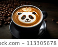 Cup of coffee with latte art, milk foam panda bear illustration. Cozy atmosphere. Cup of handcrafted cappuccino on wooden table for coffee lovers. 113305678