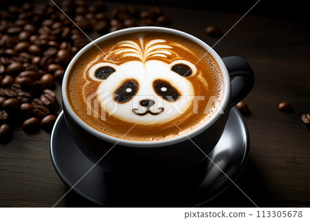 Cup of coffee with latte art, milk foam panda bear illustration. Cozy atmosphere. Cup of handcrafted cappuccino on wooden table for coffee lovers. Cup of coffee with latte art, milk foam panda bear illustration. Cozy atmosphere. Cup of handcrafted cappuccino on wooden table for coffee lovers. 113305678
